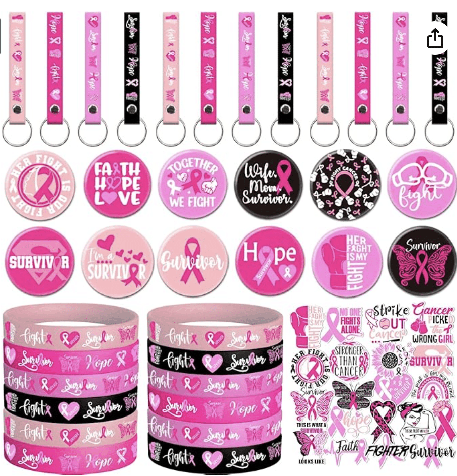 96Pcs Breast Cancer Awareness Party Favors Pink Ribbon Party Decorations Set Include 60pcs Stickers,12pcs Key Chains,12pcs Buttons Pins and 12pcs Bracelets for Women Breast Cancer Awareness Month